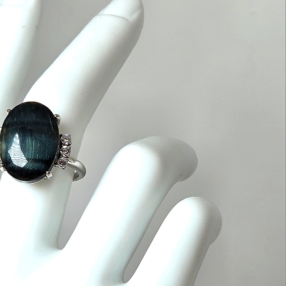 Natural Blue Tiger Eye & CZ 925 Sterling Silver Ring - Picture 8 of 10